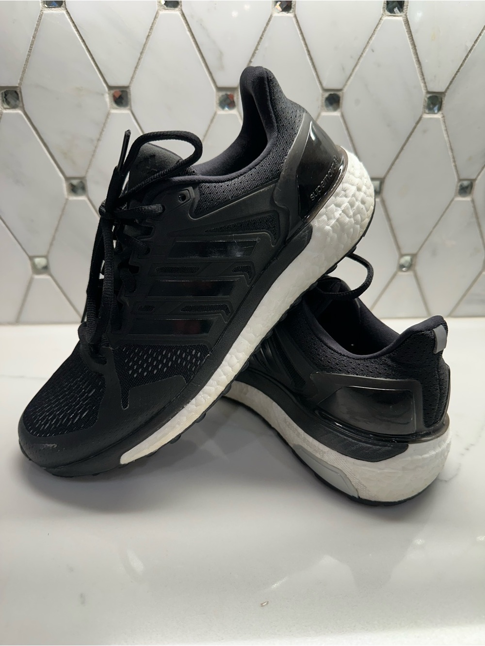 Ladies Adidas Black and White Running Shoes with Boost Midsole